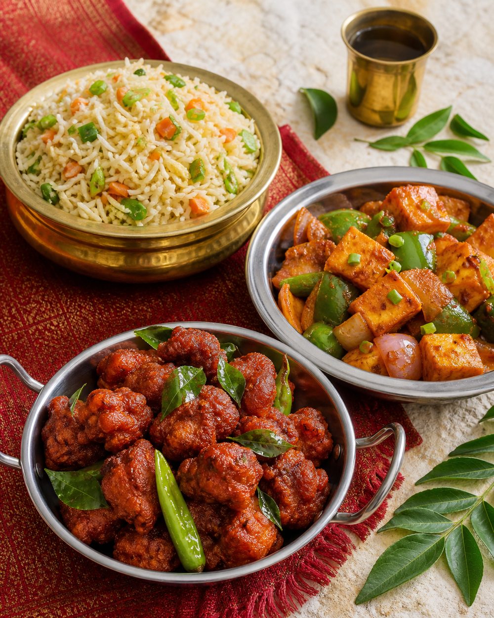 Chicken 65, chilli paneer and fried rice