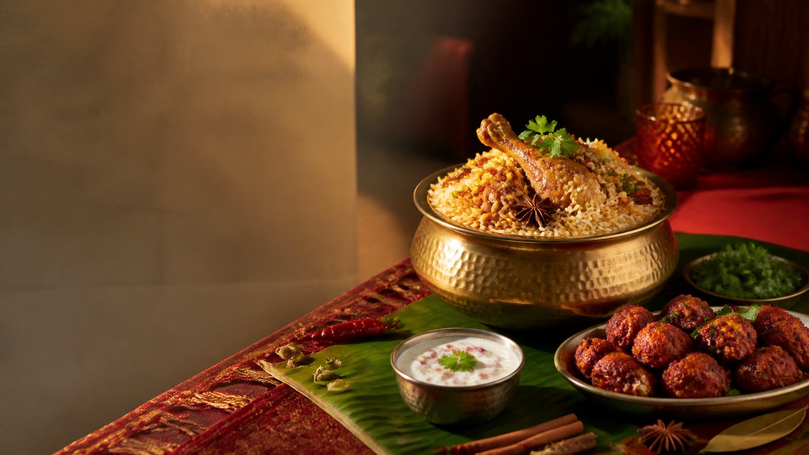 Chicken biryani and chicken 65 prepared for a DASARA feast